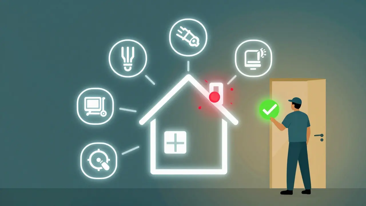 Koncepční obrázek domu s ikonami služeb: elektřina, voda, topení a IT, vše spojeno s nouzovým zásahem.