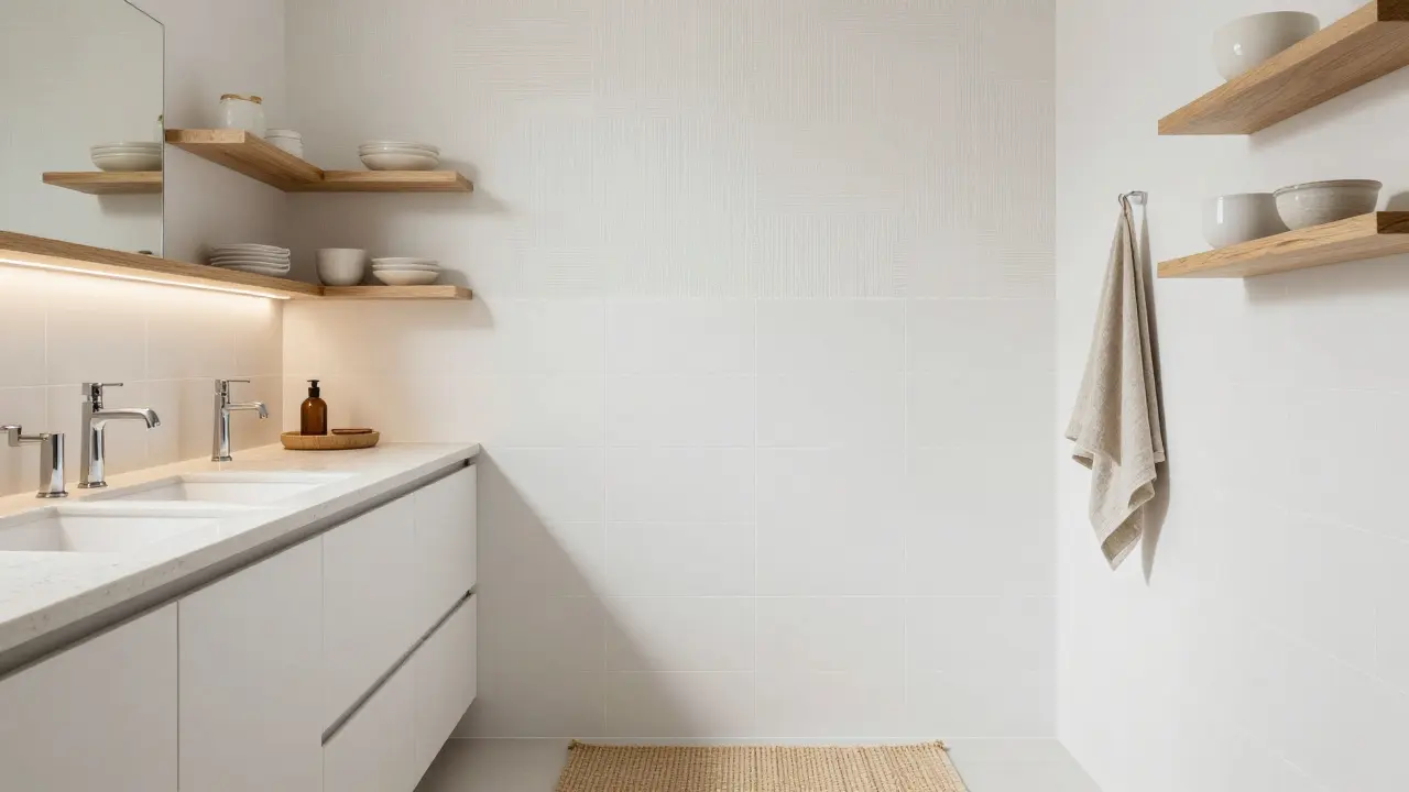 Koupelna a kuchyně v neutrálních barvách s přírodními materiály a jemným akcentem na stěně.