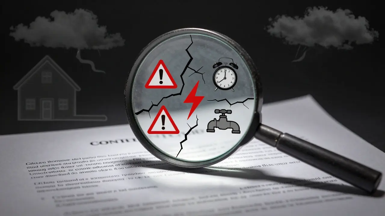 Lupou procházející smlouvou, kde jsou vidět skryté výluky jako potrubí, blesk a hodiny.