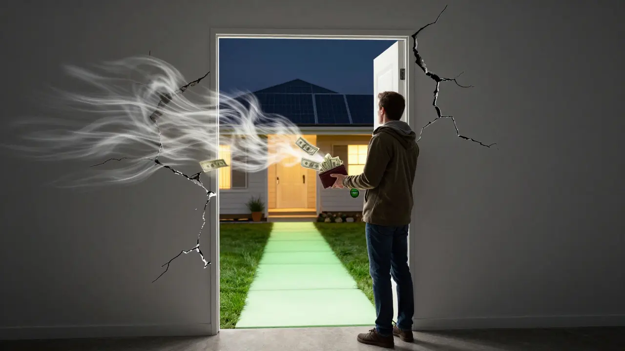 Majitel domu, jehož peníze unikají do vzduchu, zatímco za ním vede cesta k energie úspornému domu.