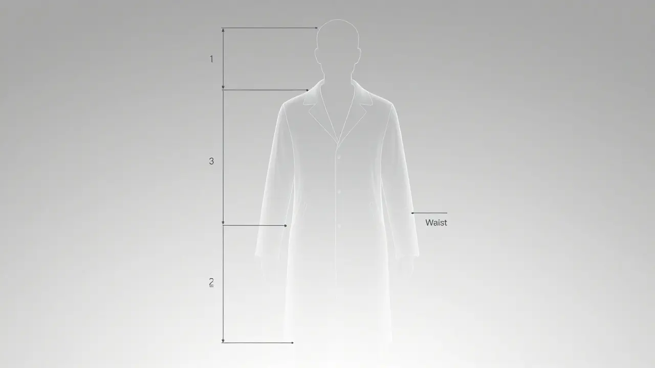 Minimalist line drawing of a coat outline with precise measurement lines overlaid on a human shape.
