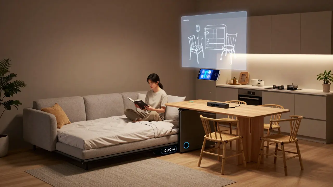 Modular sofa transforming into bed and dining table with embedded charging and AR projection in cozy interior.
