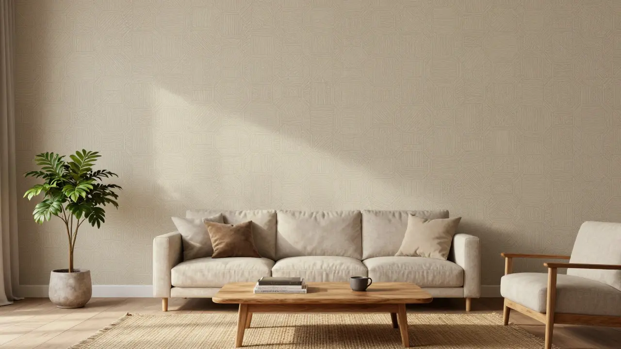 Obývací pokoj s jednou akcentní stěnou pokrytou šestiúhelníkovým vzorem a přírodními dřevěnými prvky v klidném osvětlení.