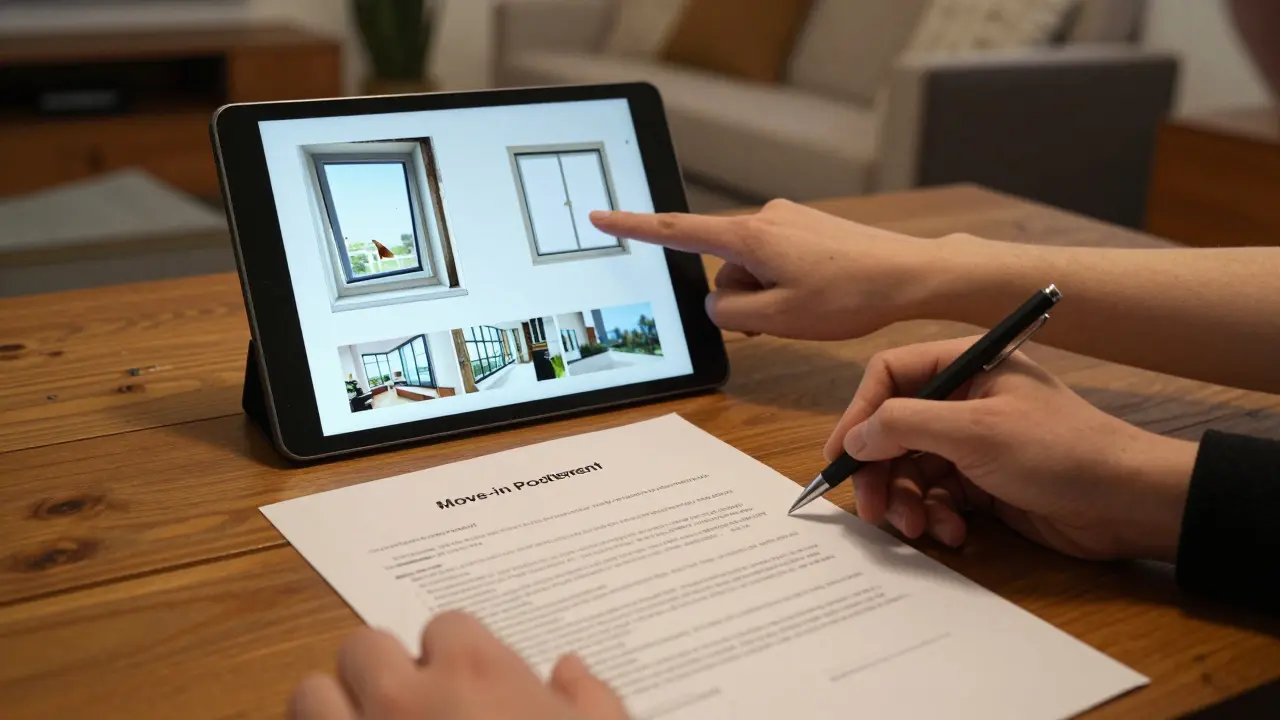 Podepsaný předávací protokol s fotografiemi bytu na tabletu, ruka připravená k podpisu.