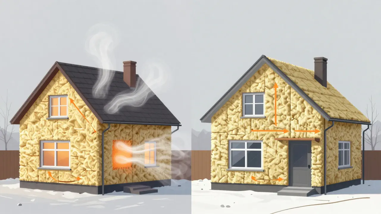 Porovnání nezatepleného a zatepleného domu s viditelným únikem tepla a tepelnou izolací.