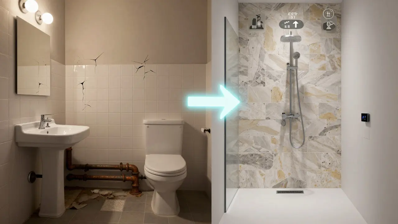 Porovnání staré a nové koupelny: od zastaralého designu k modernímu, energeticky úspornému řešení.