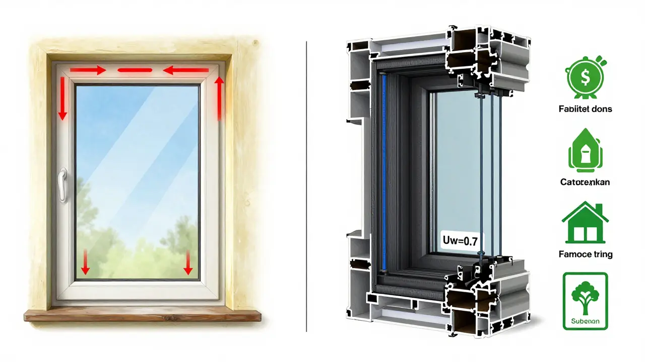 Porovnání starého a nového okna s ukázkou tepelných ztrát a izolace.