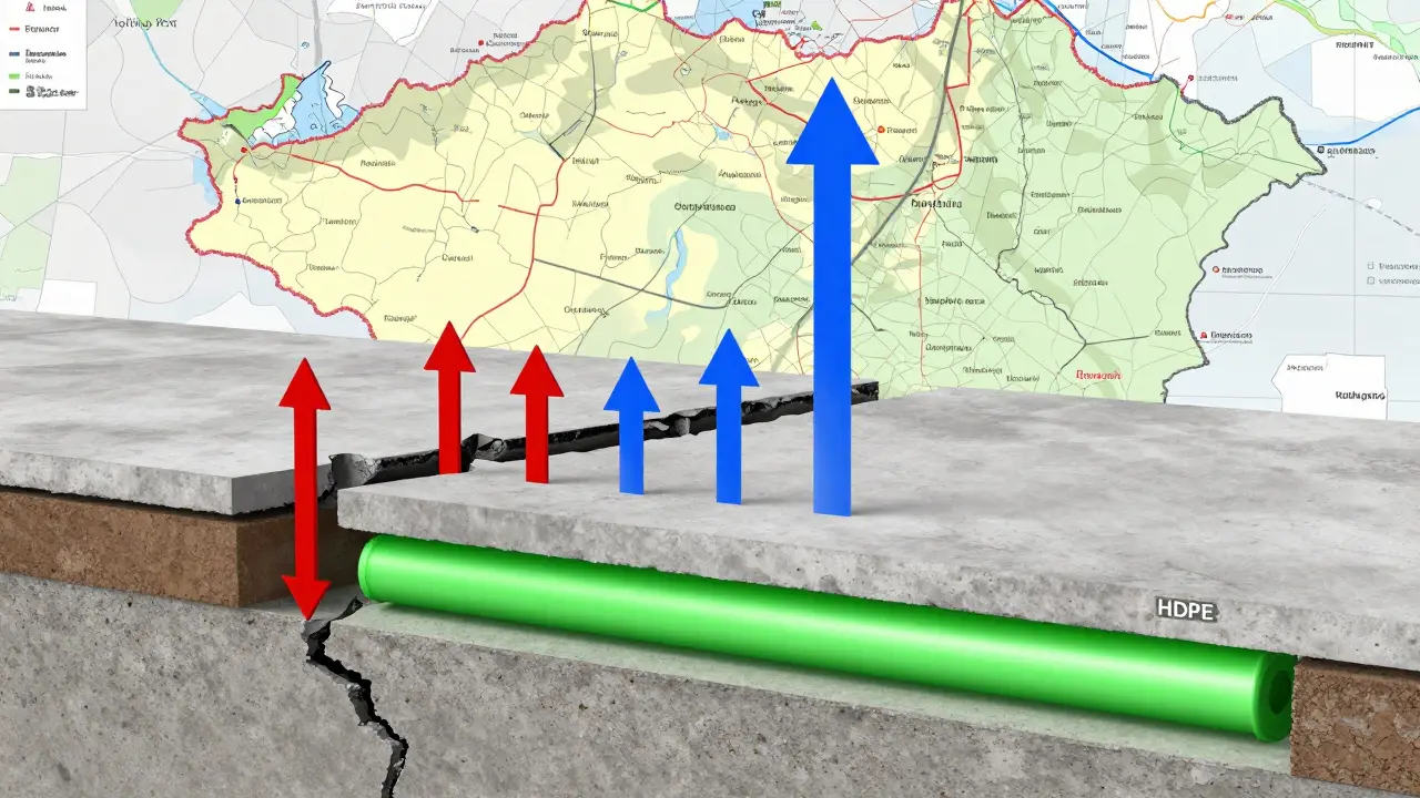 Příčný řez domem s ukázkou průtoku radonu, odvětrávacího systému a radonové bariéry pod podlahou.