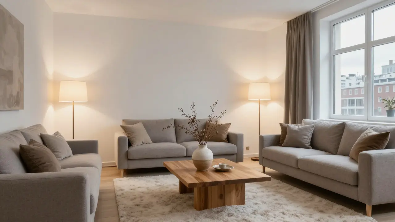 Přívětivý obývací prostor s přirozeným osvětlením, dřevěným nábytkem a neutrálními textilii.