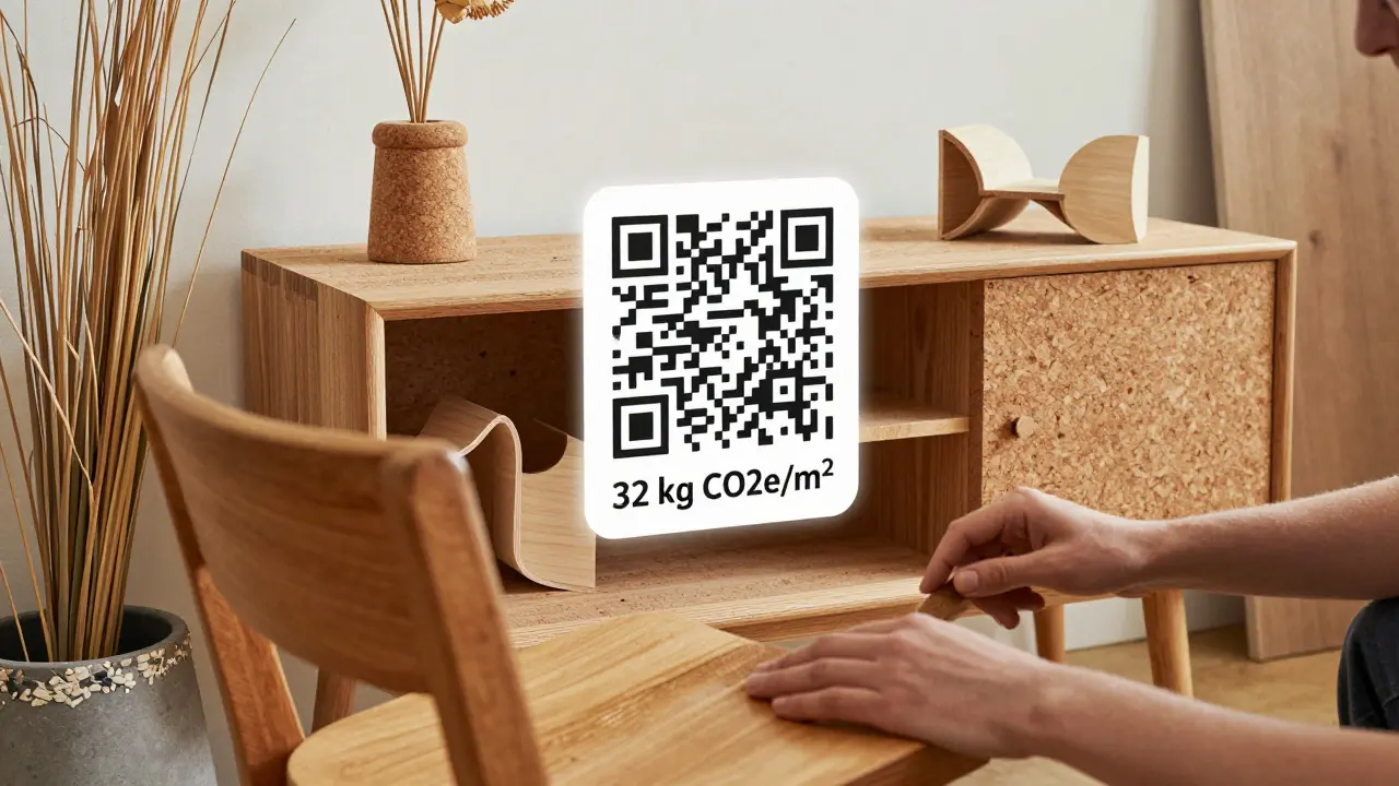 QR code scanning a sustainable sideboard showing carbon footprint, while hands refinish old wooden chair.