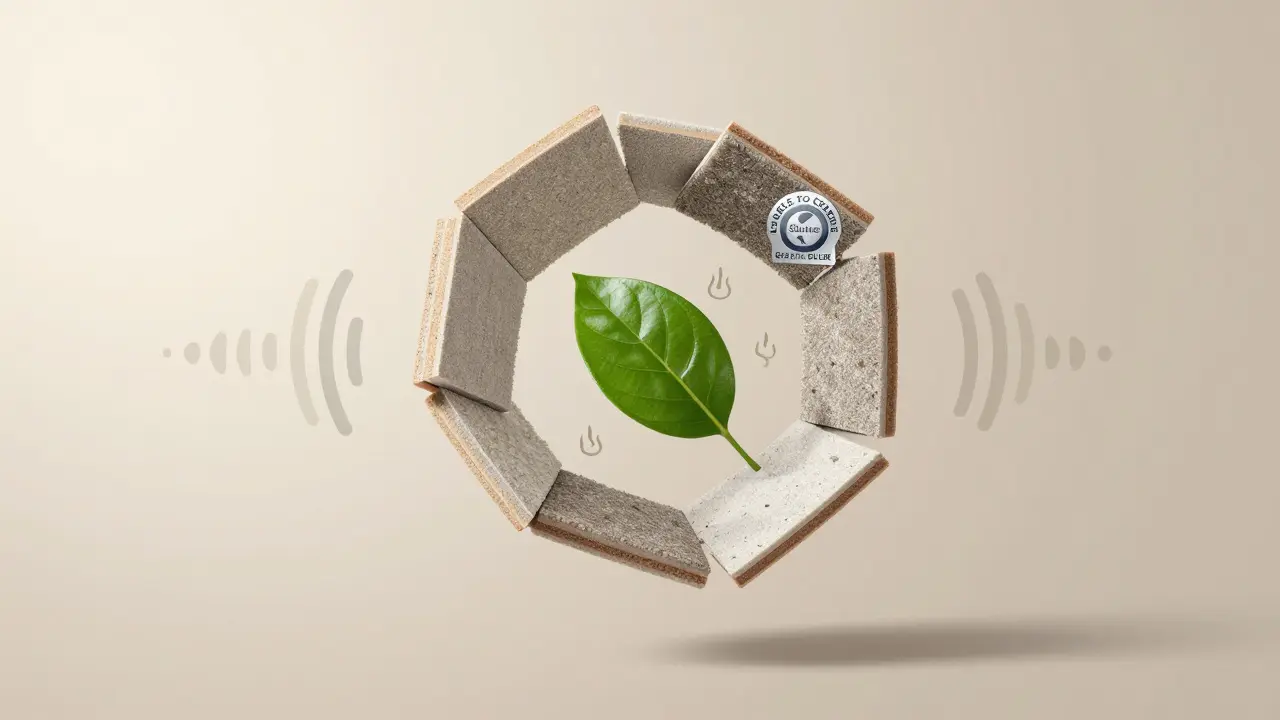 Recycled carpet tiles floating with sound and heat symbols, representing acoustic and thermal insulation.