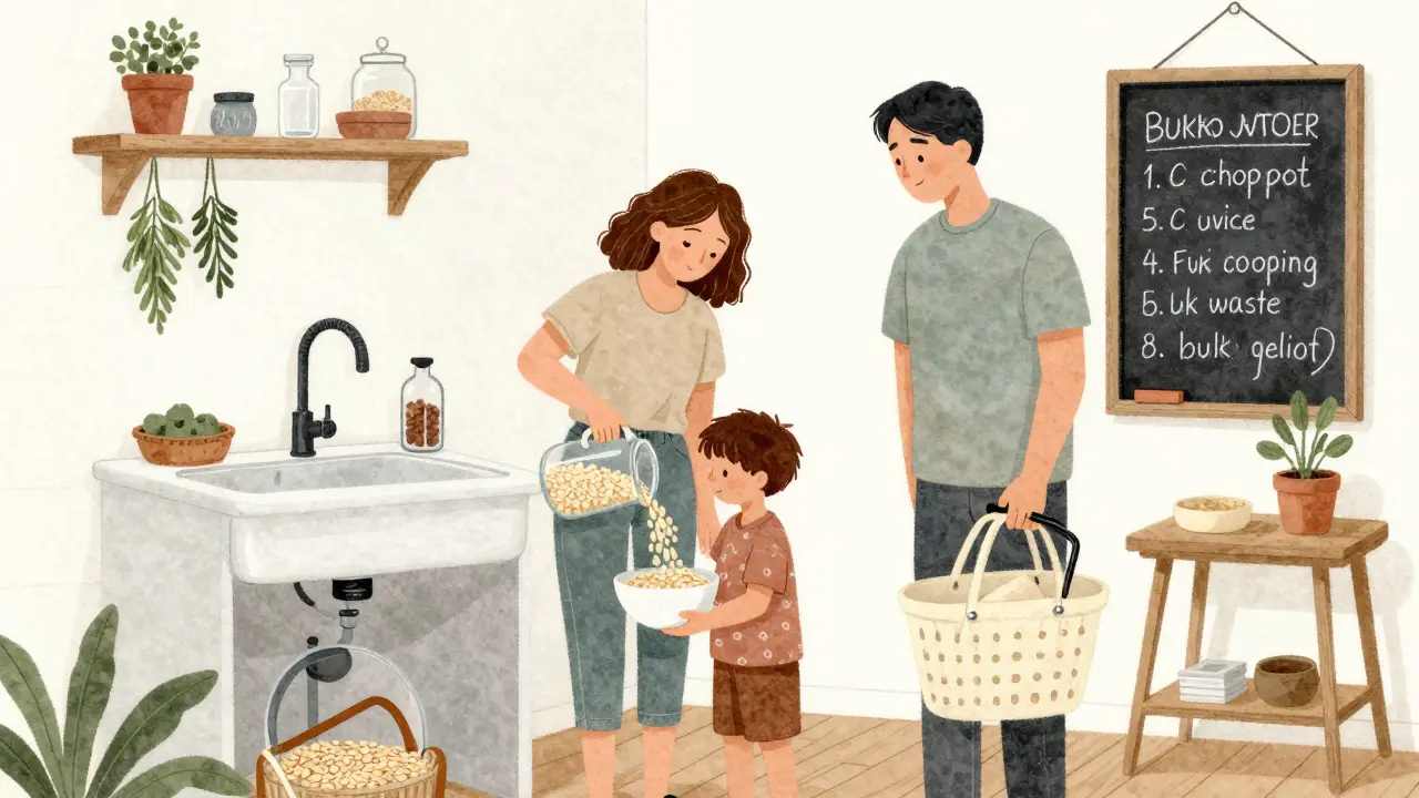 Rodina v bytě používá bezobalové nádoby a vermikompostér, žádný plast není vidět.