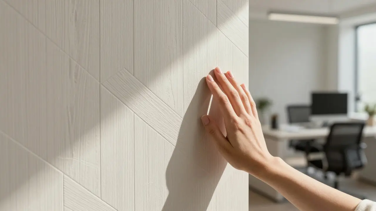 Ruce se dotýkají texturované geometrické tapety s dřevěným reliéfem, za níž je rozostřený moderní pracovní prostor.