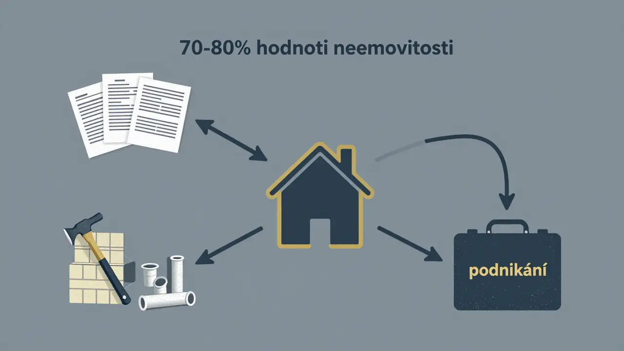 Schéma ukazující, jak americká hypotéka financuje konsolidaci dluhů, rekonstrukci a podnikání.