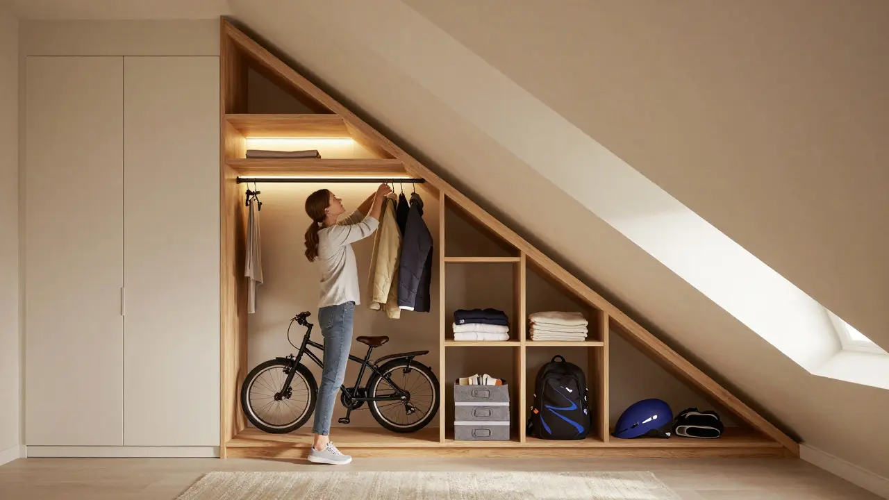 Skříň přizpůsobená šikmému stropu v podkroví s uloženým zimním vybavením a teplým osvětlením.