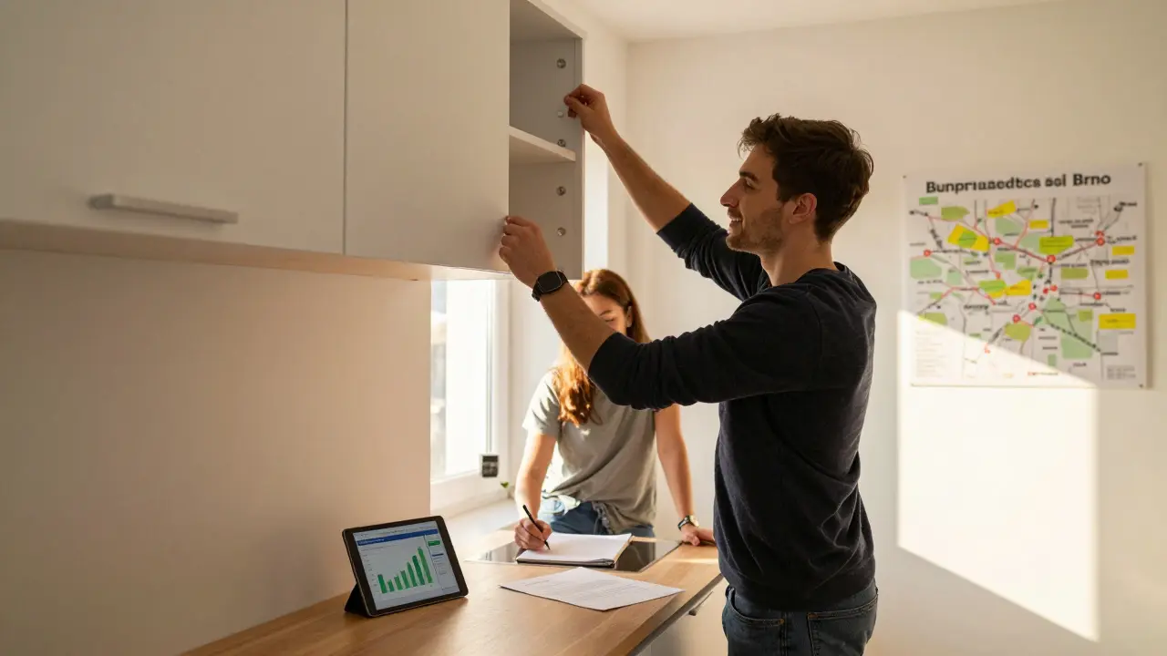 Small Brno apartment being renovated with investor and tenant signing lease in sunny interior.