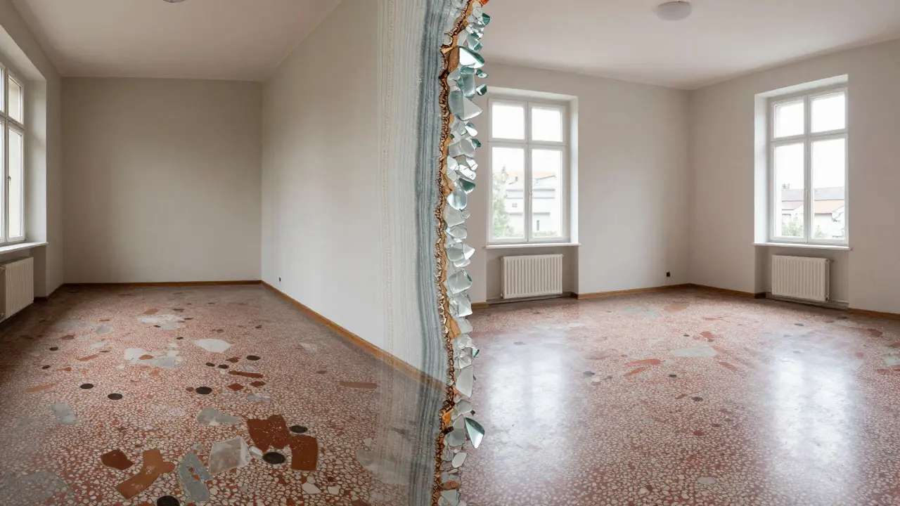 Split view of historic and modern terrazzo floor in Brno, showing timeless durability across generations.