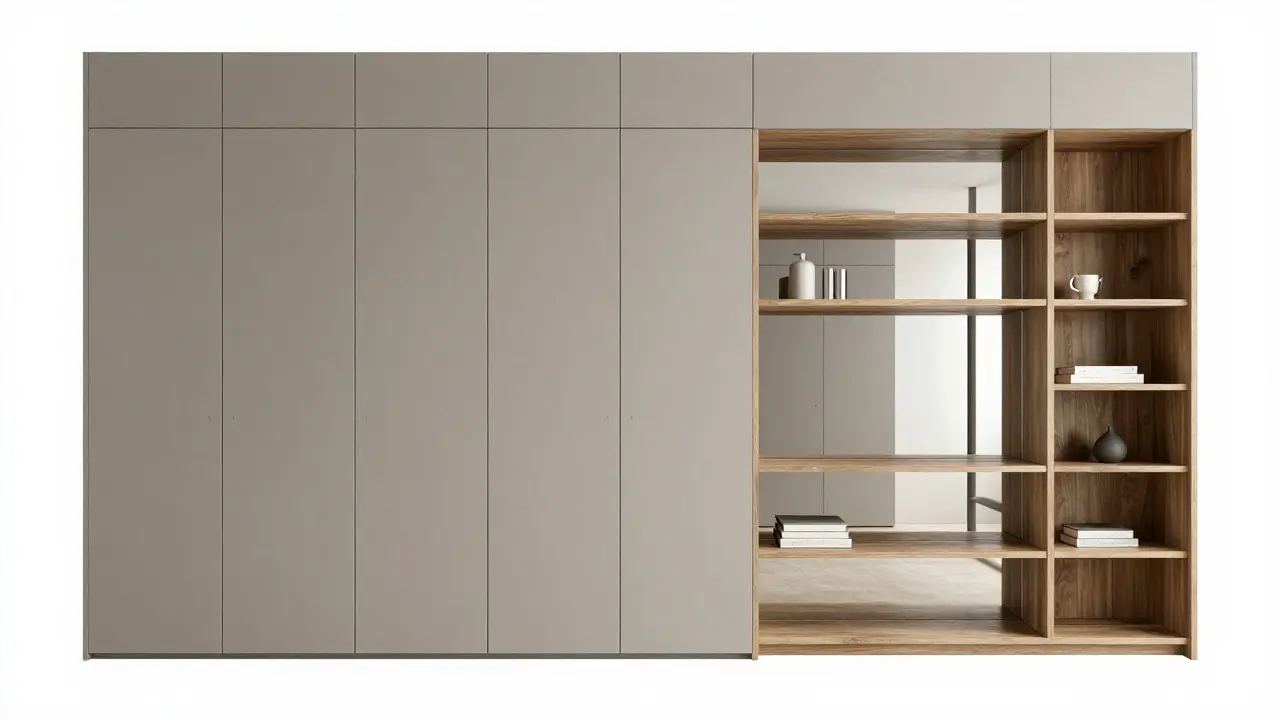 Split wall design with closed storage on one side and open shelves with mirrors on the other, enhancing space in a small apartment.