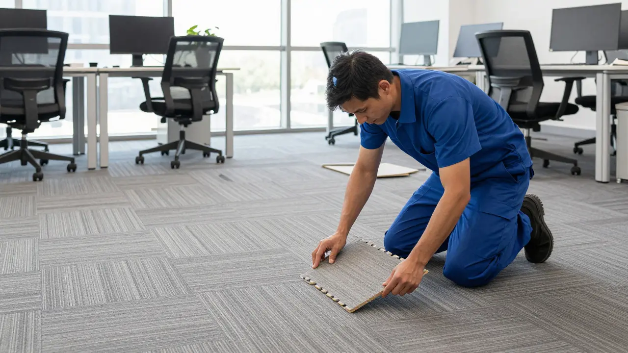 Technician replacing a single carpet tile in an office, no tools needed, checkerboard pattern visible.