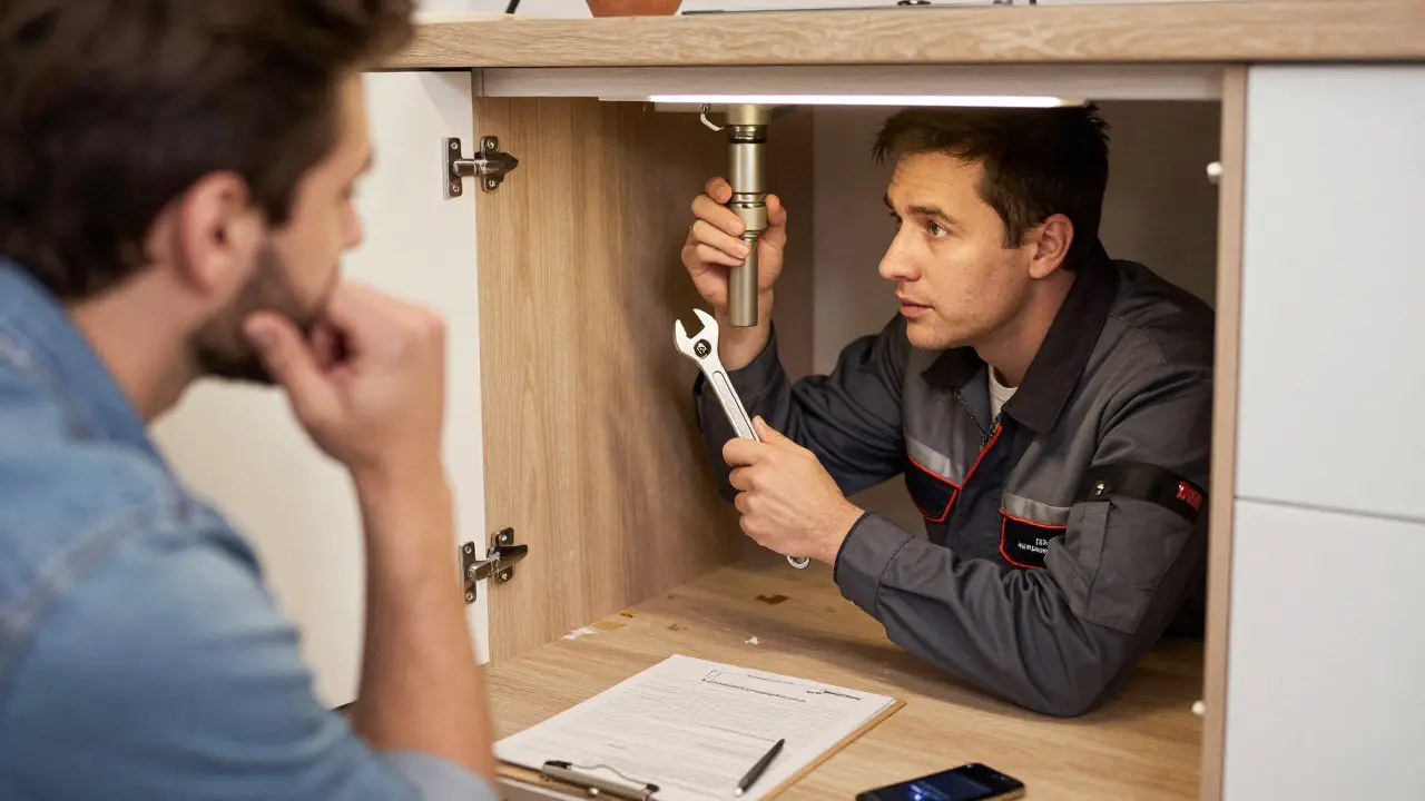 Technik opravuje potrubí pod kuchyňskou mísou, majitel sleduje s clipboardem s podepsaným potvrzením.