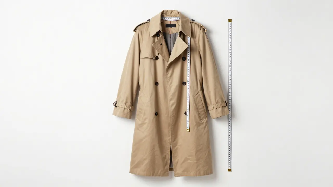 Trench coat on white background with tape measures showing shoulder, chest, and sleeve dimensions.