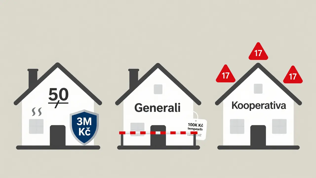 Tři domy symbolizující různé pojišťovny s různými limity pro vítr a elektroniku.