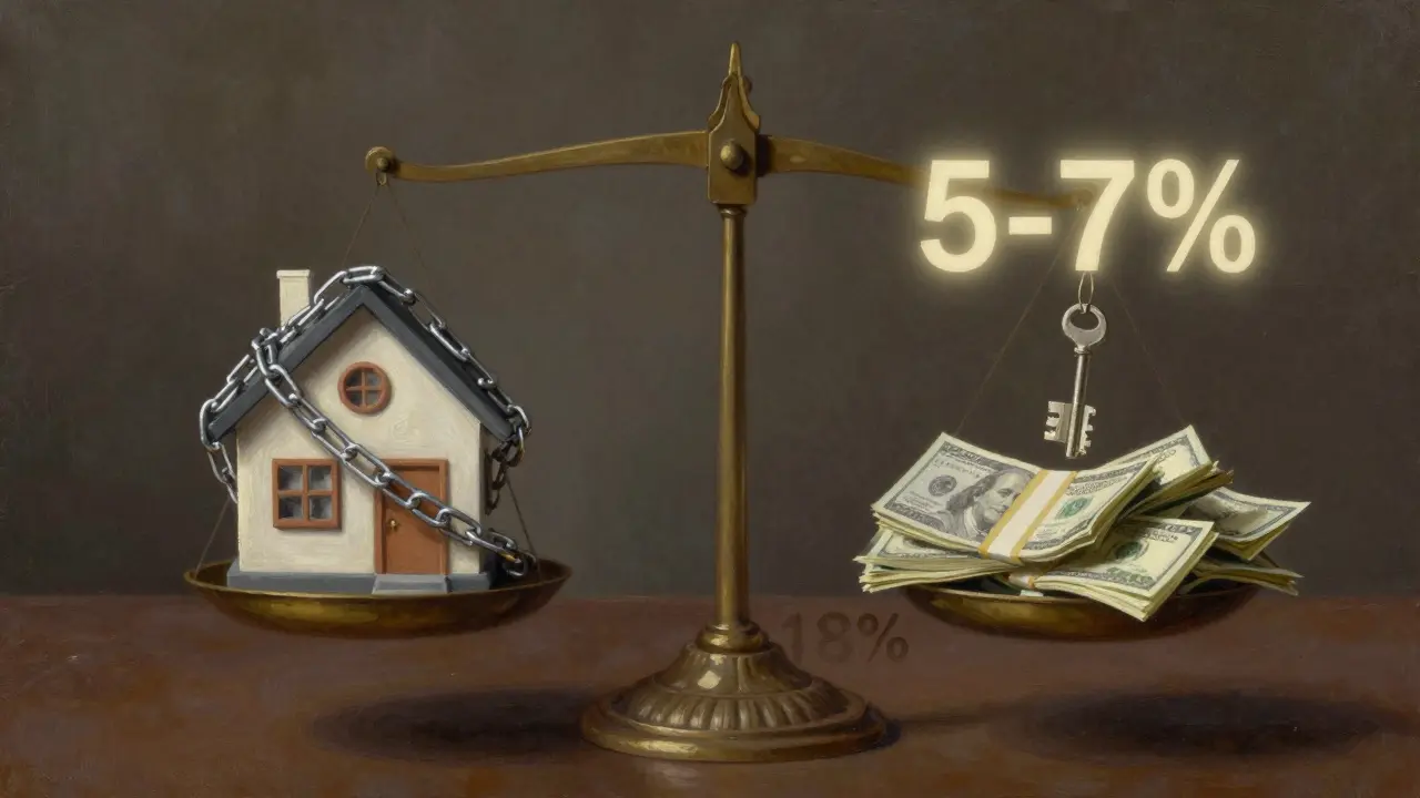 Váha s domem a penězi, znázorňující výhodu americké hypotéky oproti drahým úvěrům.