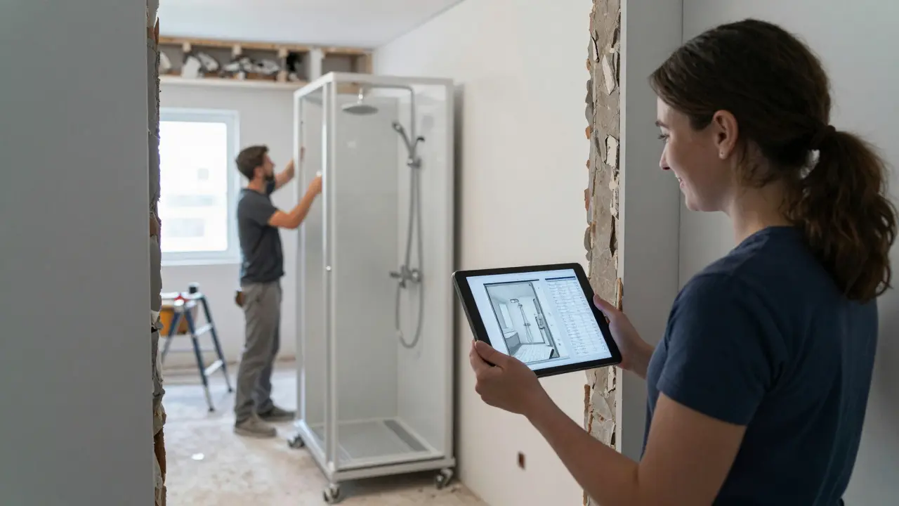 Vlastník s tabletovou 3D mapou koupelny a přenosnou sprchou během rekonstrukce domu.