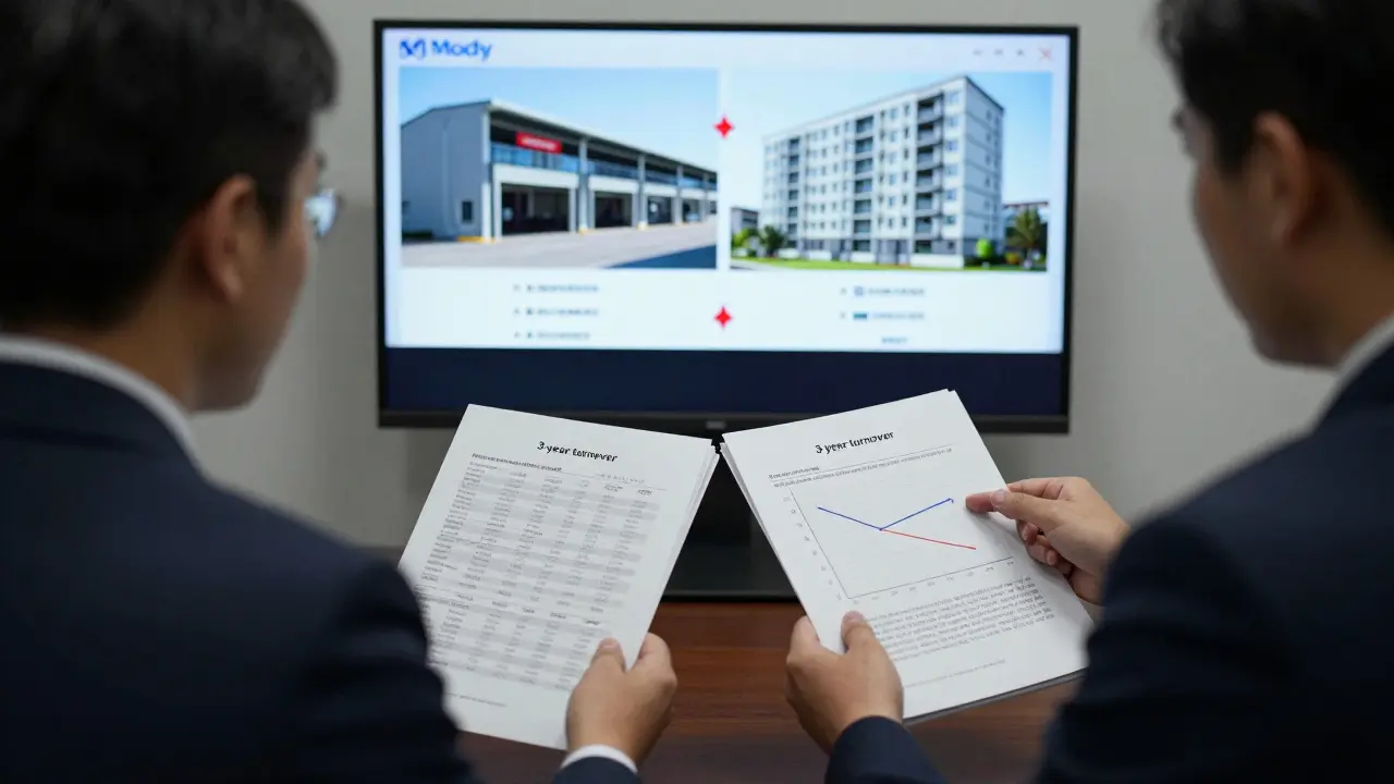 Bankovní poradce analyzuje účetní závěrky a graf LTV pro firemní hypotéku, s komerční nemovitostí na pozadí.