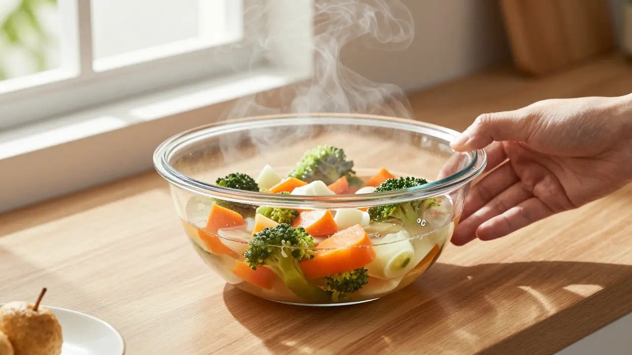 Borosilikátová skleněná mísečka s horkou polévkou v kuchyni