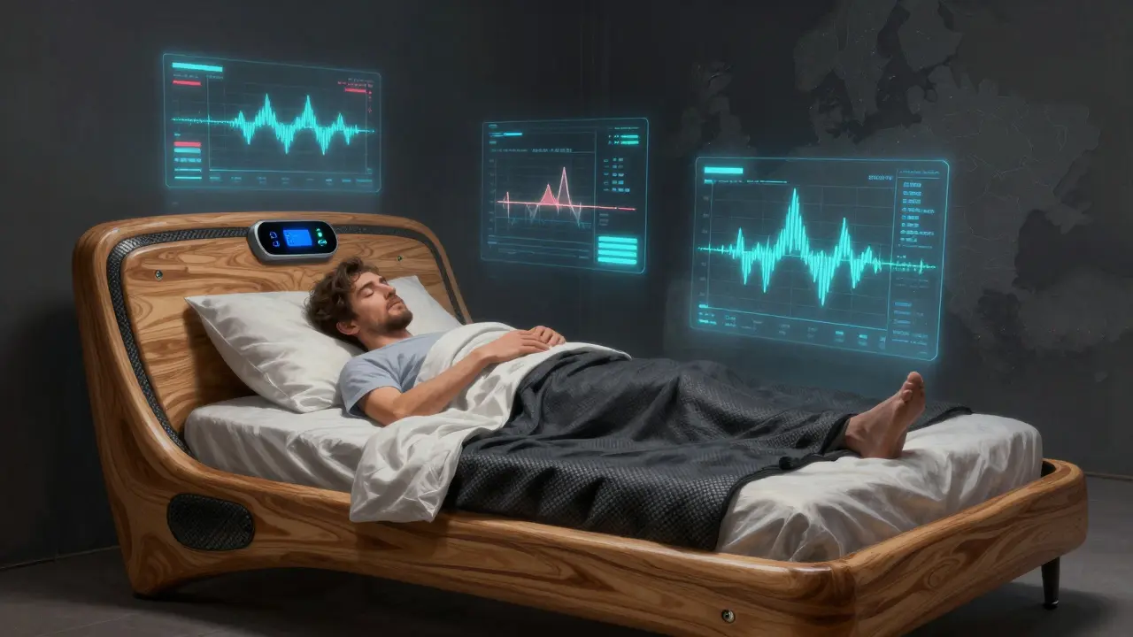 Budoucí česká inteligentní postel s vestavěnými senzory sledující kvalitu spánku v moderní ložnici.