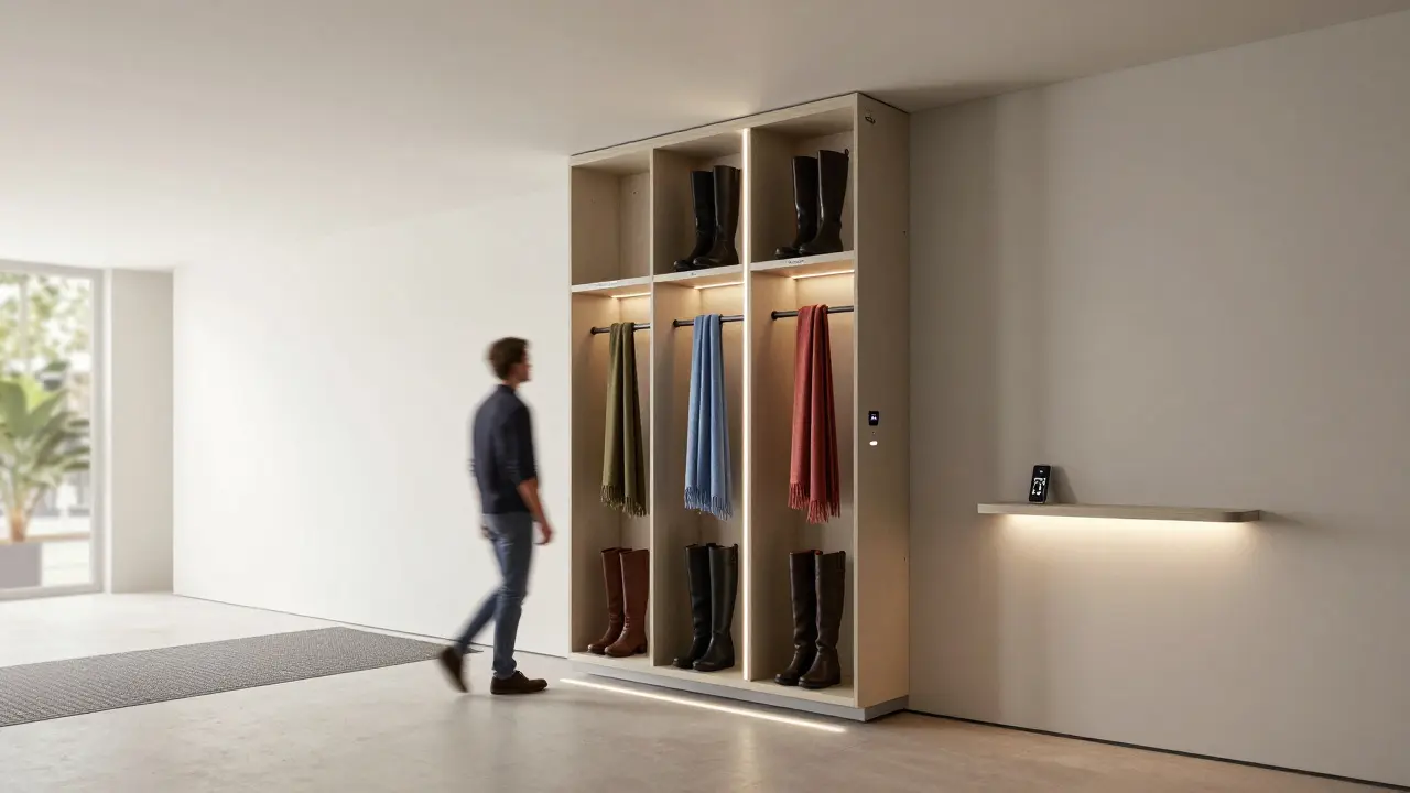 Chytrá vstupní zóna s vertikálně posunutelnou skříní, senzorovým osvětlením a gumovou rohoží na prahu.