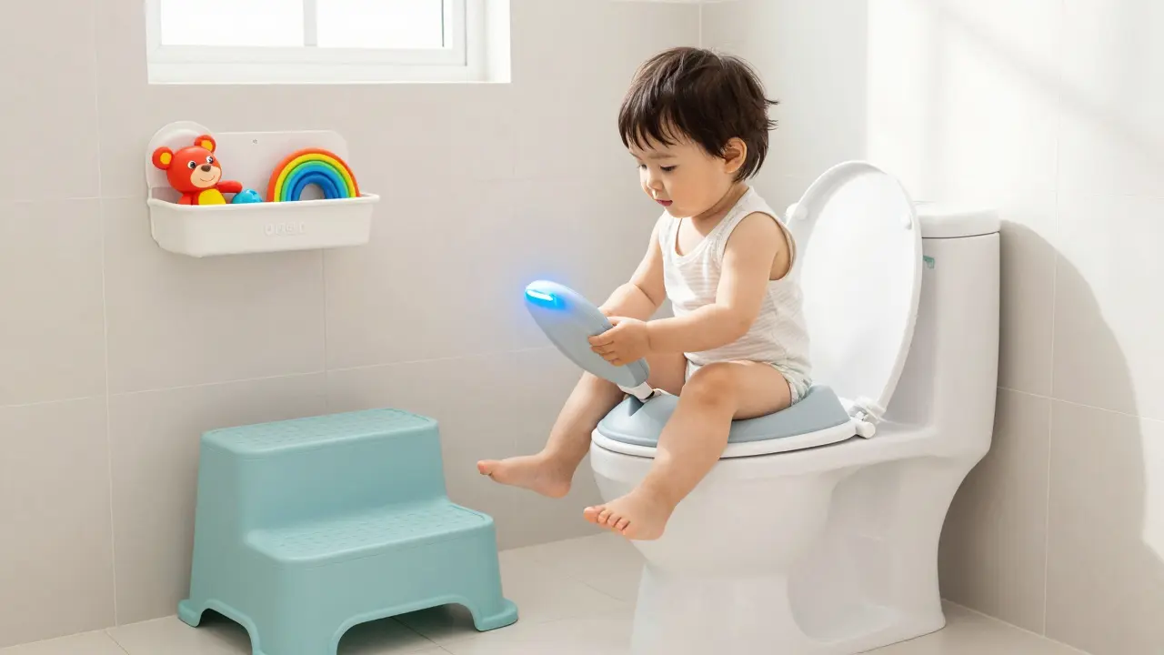 Dítě používá dětské sedátko na záchodě s přístupem přes protiskluzový stupínek v čisté, moderní koupelně.