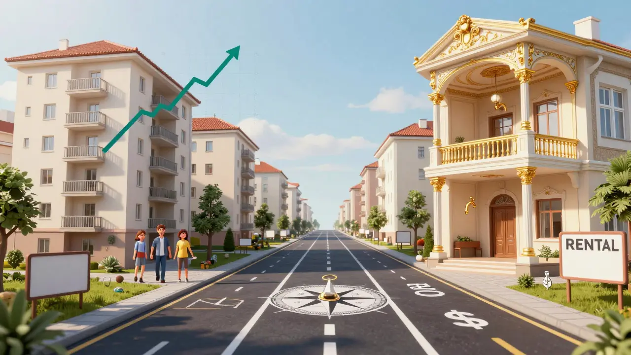 Dvě cesty: jedna s růstem hodnoty bytu a šťastnými nájemníky, druhá s přehnanou výzdobou a prázdnými nájemnými značkami.