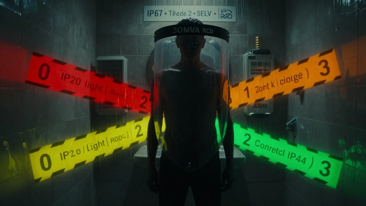 Koncepční obraz člověka v koupelně s barevnými zónami rizika a ochranným proudovým chráničem nad hlavou.