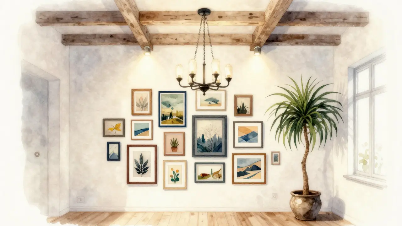 Moderní byt s výstavní stěnou obrazů, trámy a vysokou rostlinou pod vysokým stropem.