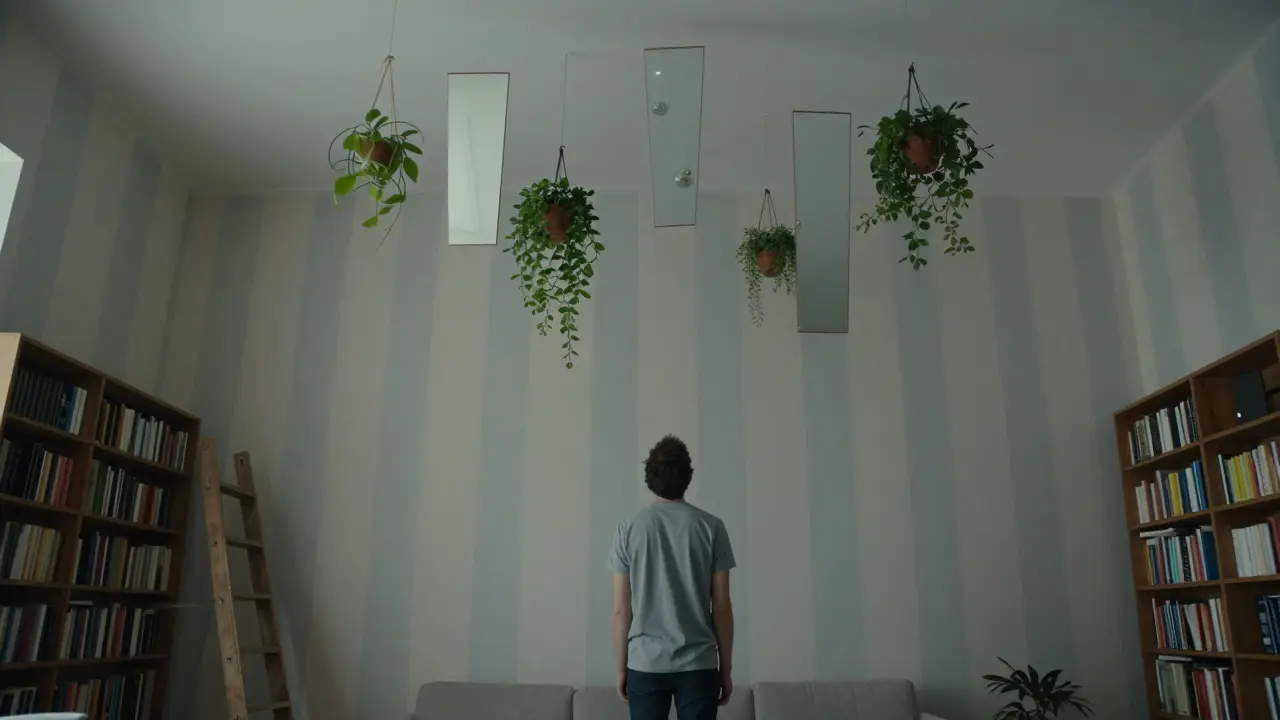 Osoba se dívá nahoru na zrcadla a rostliny vytvářející vertikální linie v bytě s vysokým stropem.