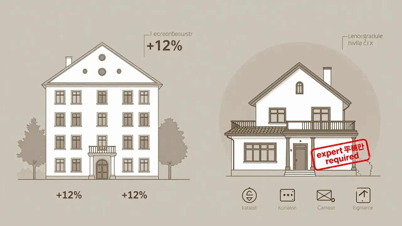 Porovnání běžného bytu a luxusní vily, kde pro druhou je vyžadován znalecký posudek.