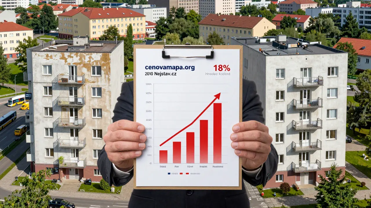 Porovnání tří bytů s datovým reportem ukazujícím růst hodnoty o 18% v Hradci Králové.