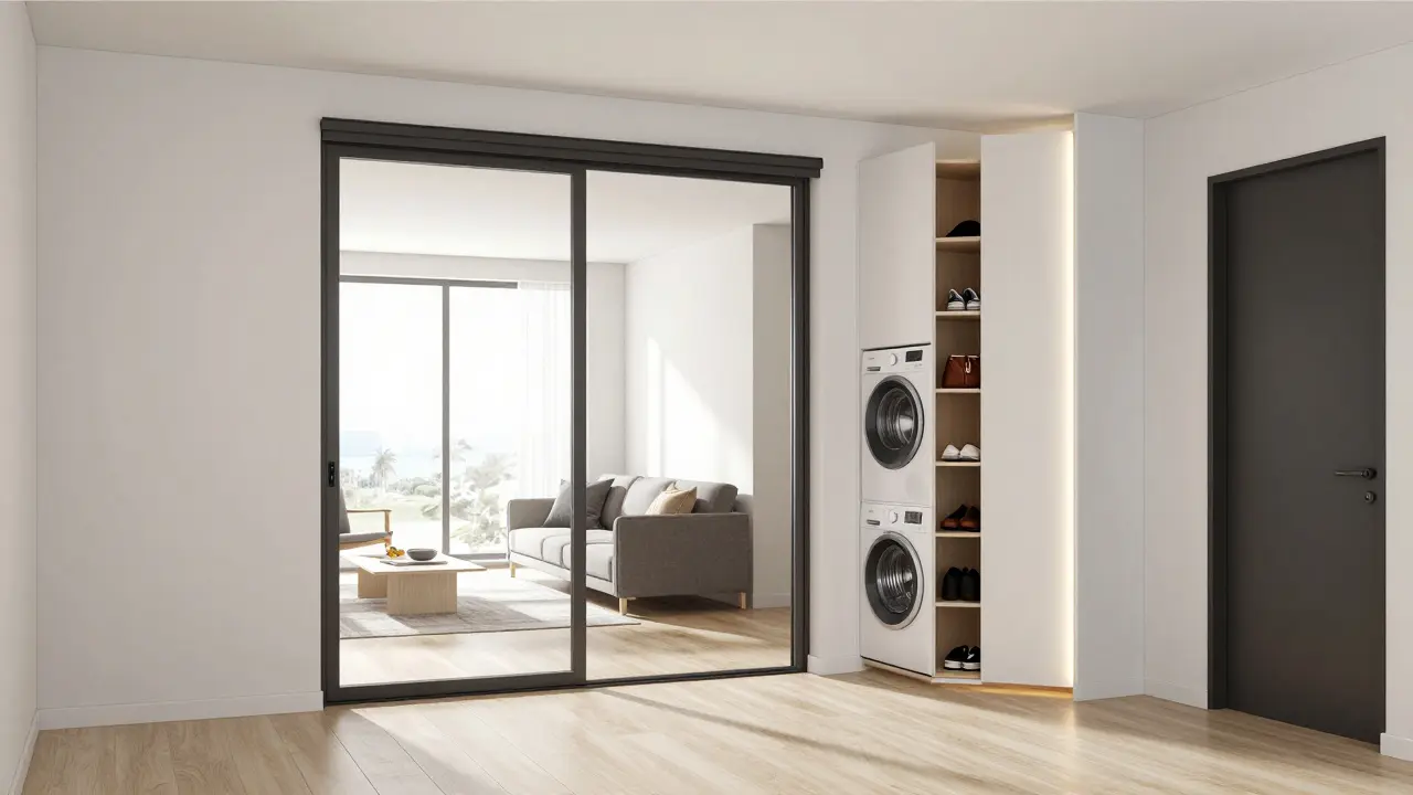 Posuvná dveře a pohyblivá přepážka v úzké chodbě, celý prostor využívá výšku stropu a integrované osvětlení.