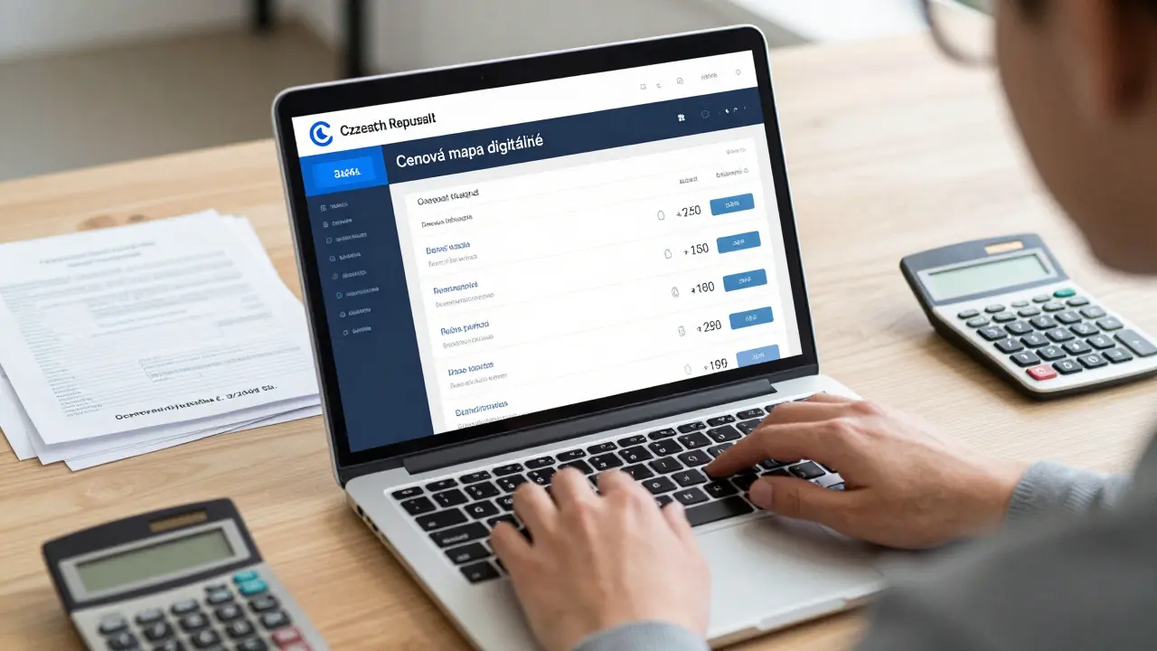 Pracovník v Česku používá digitální portál cenových map pro výpočet hodnoty nemovitosti.