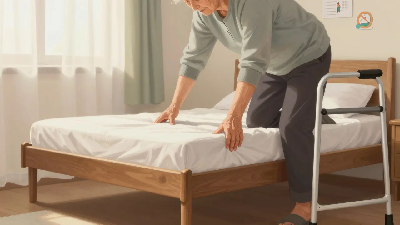 Starší osoba vstává z vysoké postele s pevnými nohami, bez pomoci, v klidné ložnici.