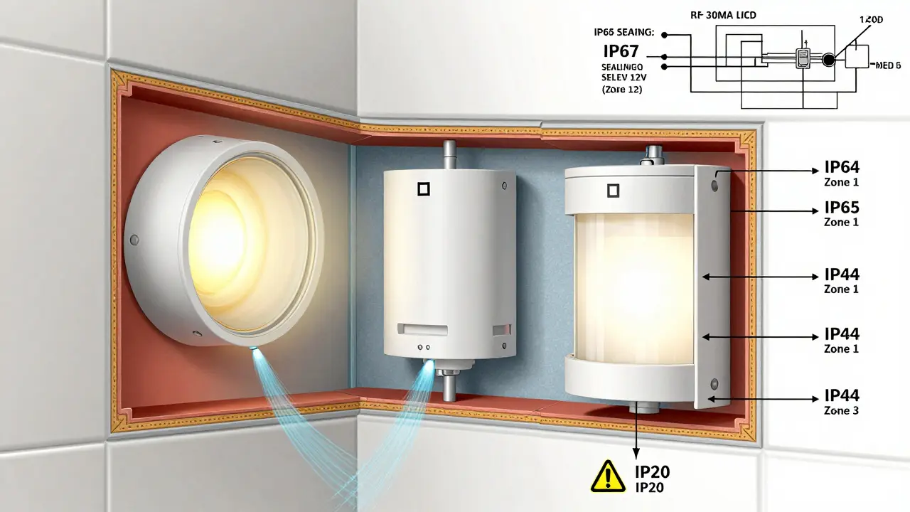 Technická ilustrace tří typů koupelnových svítidel s označením IP, dvojitou izolací a proudovým chráničem v pozadí.