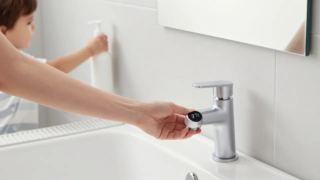 Termostatický kohoutek ukazuje ideální teplotu 37 °C v dětské koupelně s hladkými povrchy a bezpečnostními prvky.