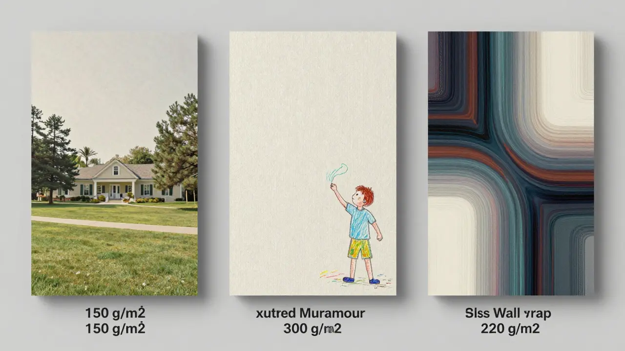 Three types of custom wallpaper materials side by side, each with a different design and surface texture.