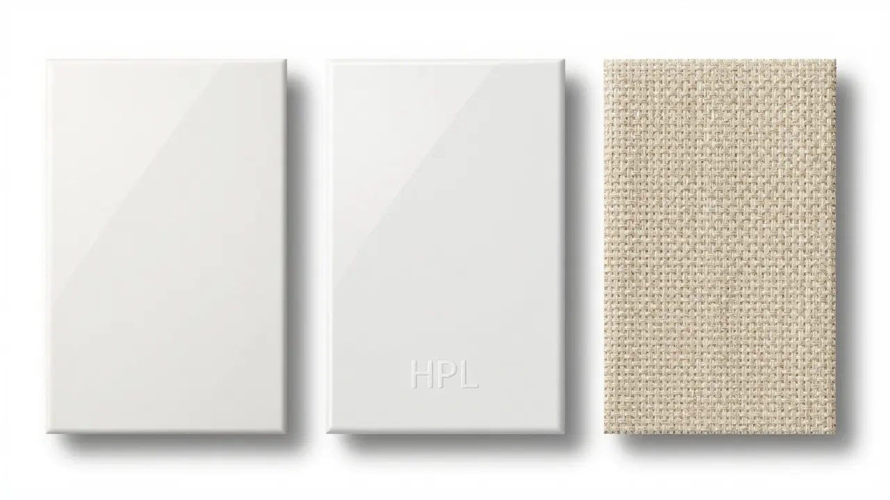 Tři vzorky materiálů pro nábytek: MDF s melaminem, HPL laminát a olefinové potahy