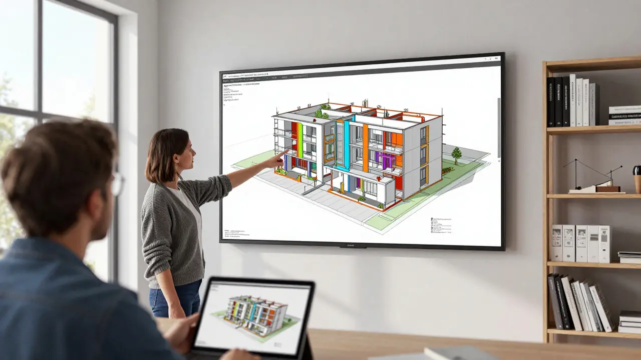 Architekt ukazuje na BIM model rekonstrukce bytu v kanceláři s klientem.