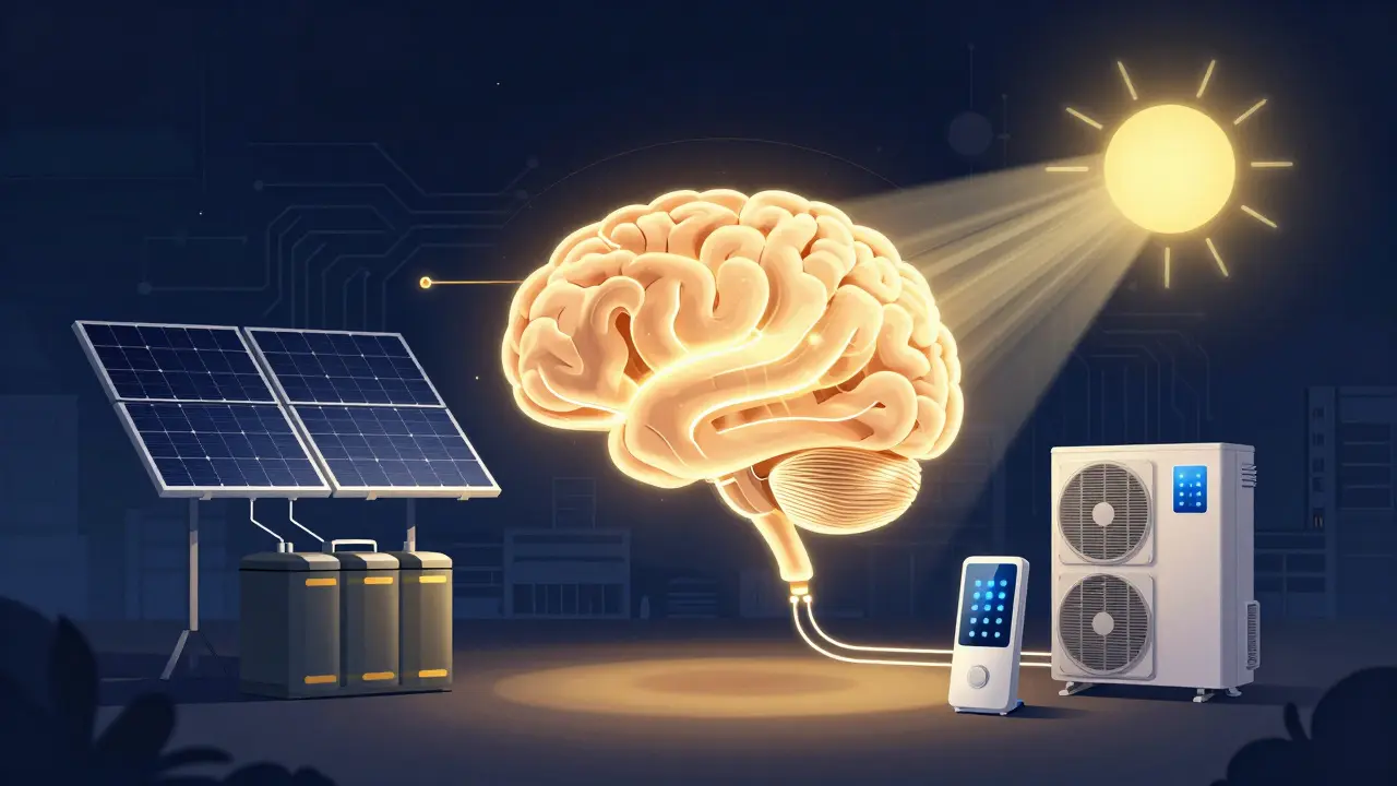 Central energy management system glowing like a brain, connected to solar panels, battery, and appliances.