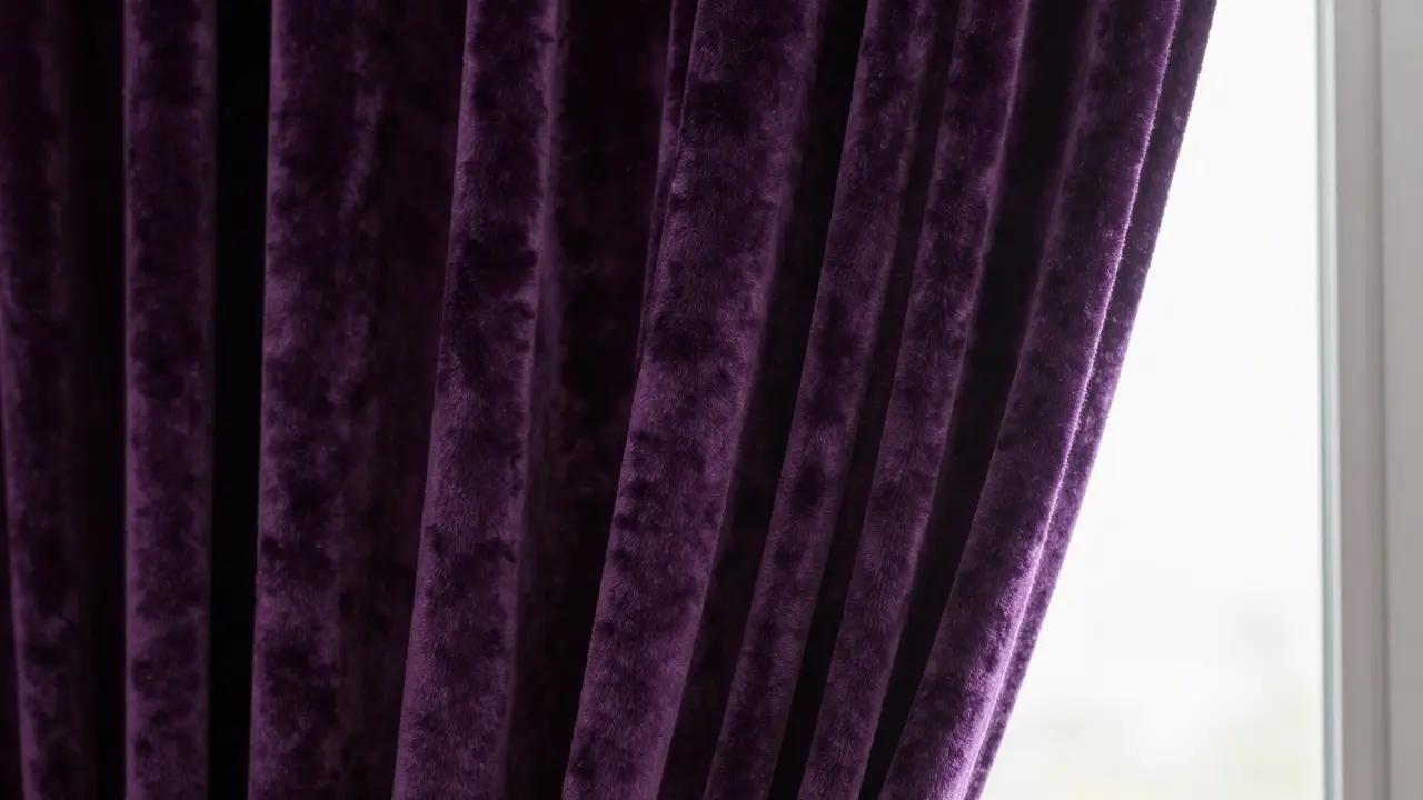 Detail těžkých sametových záclon pro tlumení hluku.