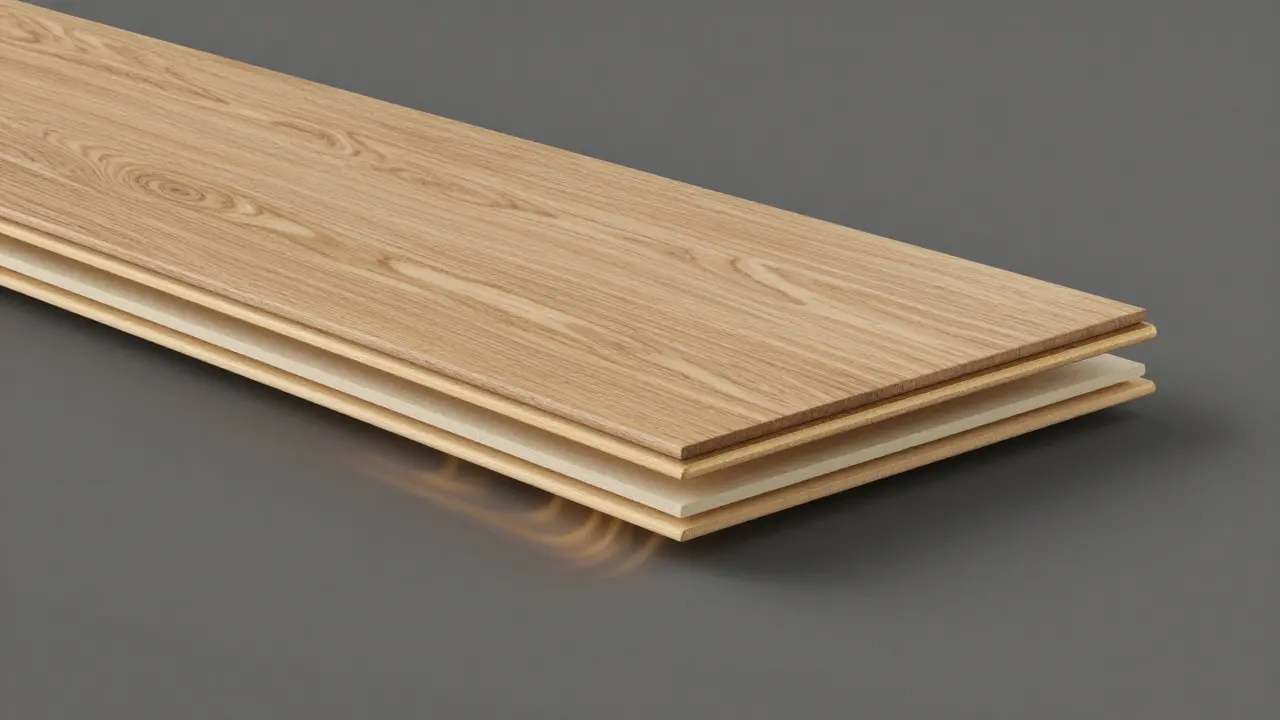 Detail třívrstvé konstrukce dřevěné podlahové desky.